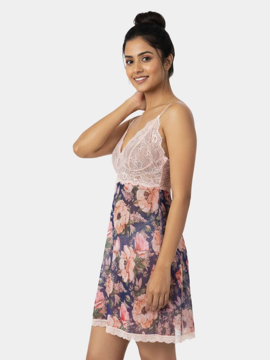Shyle Mixed Blue Floral Mesh Full Sleeve Robe Lace Detail Babydoll