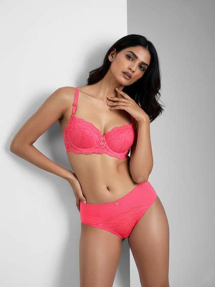 Susie Bright Pink Overlay Lace Padded Wired Push Up Bra Lingerie Set