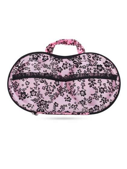 Shyle Pink Black Floral Print EVA Travel Bra Bag