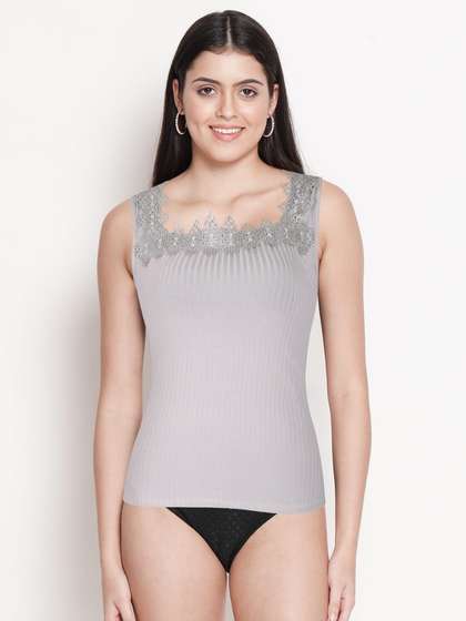 Shyle Grey Square Lace Neck Ribbed Camisole