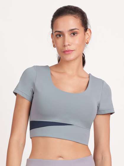 Shyle Greyish Blue and Navy Blue U Neckline Padded Bra Top