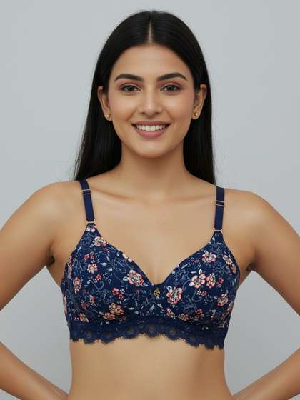 Susie Surf Blue Floral Printed Padded Wirefree Bottom Lace Bra