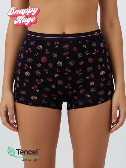 Shyaway Snappy Hugs Black Pink Printed Micromodal Boyshorts Panty