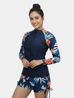 Shyle Deep Blue Full Sleeve Zipper Top And Ruched Shorts Swimwear