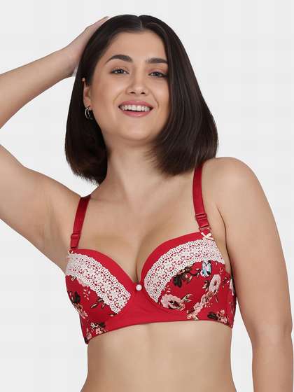 Shyle Bright Red Decorative Trim Printed Push Up Bra