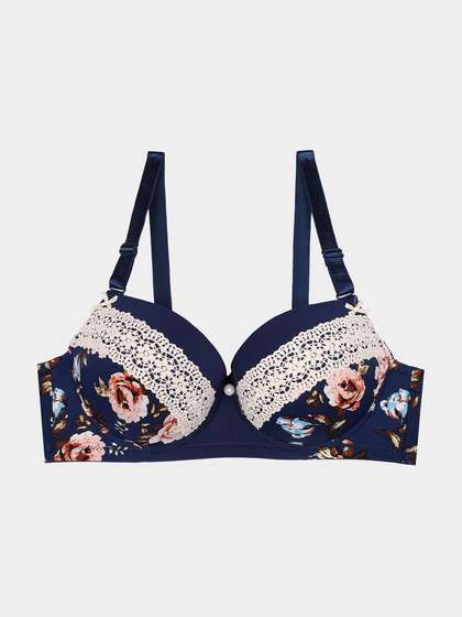 Shyle Dark Blue Decorative Trim Printed Push Up Bra