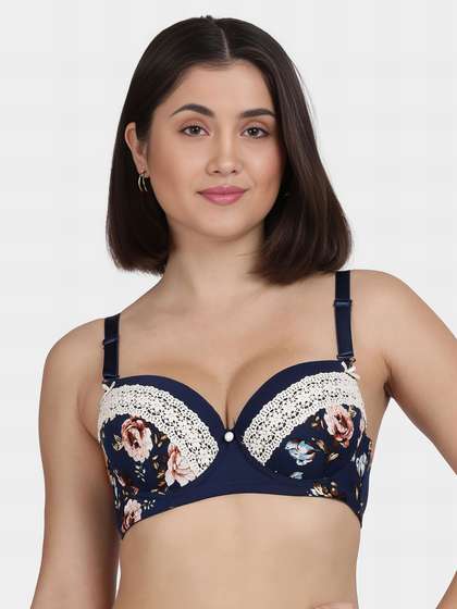 Shyle Dark Blue Decorative Trim Printed Push Up Bra