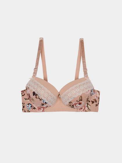 Shyle Peach Decorative Trim Printed Push Up Bra