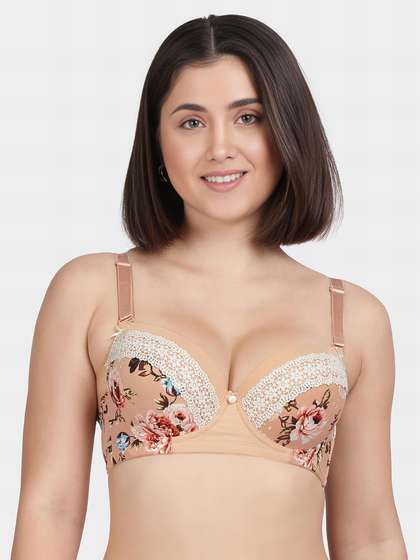 Shyle Peach Decorative Trim Printed Push Up Bra