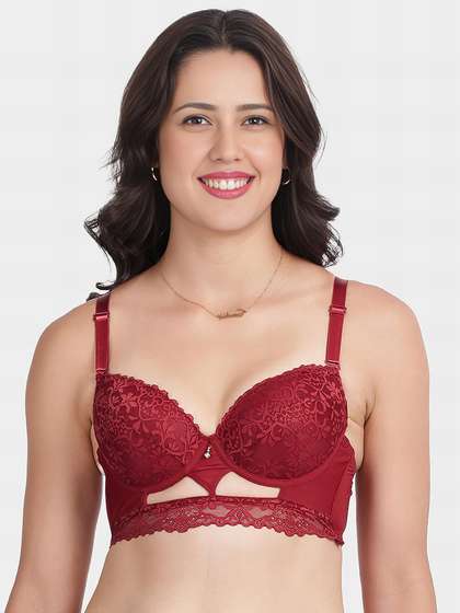 Shyle Deep Red Fully Lace Decorative Center Padded Wired Pushup Bra