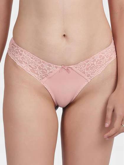 Shyle Peach Waistband Lace With Bow Embellishment Thong Panty