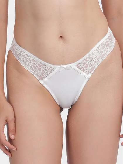 Shyle White Waistband Lace With Bow Embellishment Thong Panty