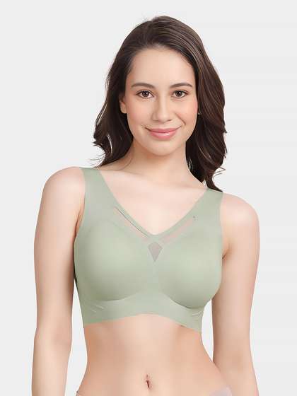 Shyle Light Olive Mesh Neckline Padded Slip On Seamless Bra