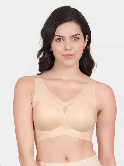 Shyle Pearled Ivory Mesh Neckline Padded Slip On Seamless Bra
