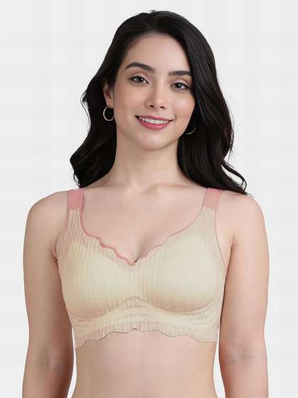 Shyle Light Yellow Contrast Piping Lace Seamless Bra
