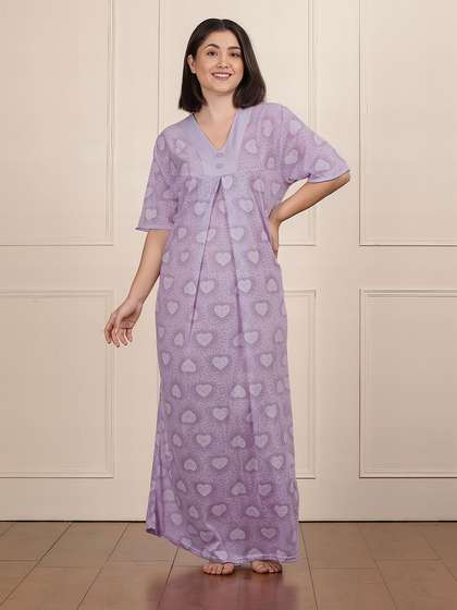 Susie Lilac Full Length Heart Printed Nightgown