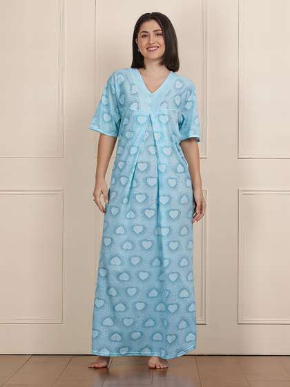 Susie Pale Blue Full Length Heart Printed Nightgown