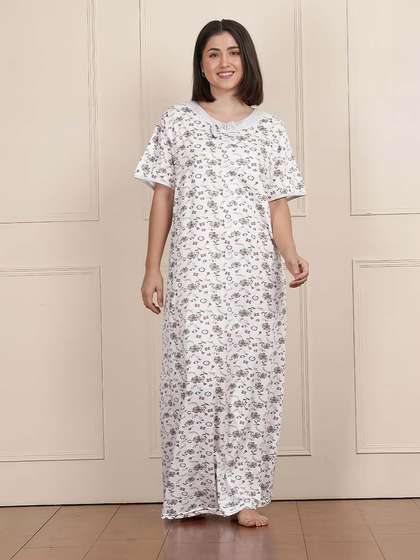 Susie Light Grey Full Length Printed Nightgown