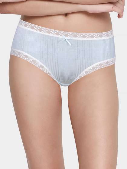 Shyle Pastel Blue Ribbed With Lace Trim Hipster Panty
