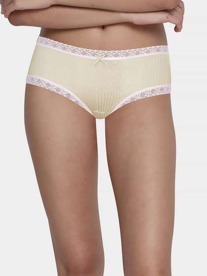 Shyle Pastel Yellow Ribbed With Lace Trim Hipster Panty
