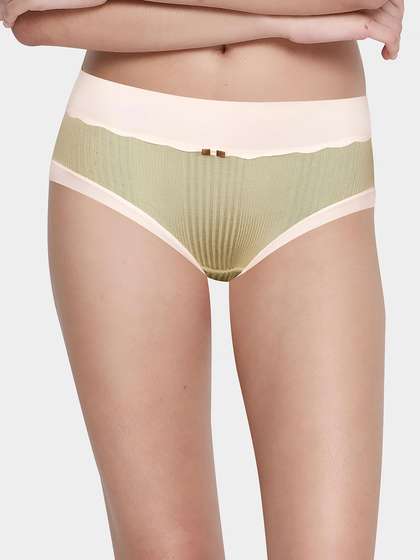 Shyle Green With Nude Contrast Ribbed Medium Waist Hipster Panty