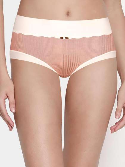 Shyle Orange With Nude Contrast Ribbed Medium Waist Hipster Panty