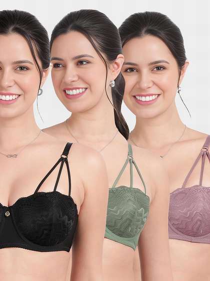 Susie Multicolor Lace Decorative Front Strap Padded Wired Balconette Bra Combo