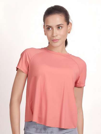 Shyle Pale Rosette Pink Half Sleeve Overlap Mesh Back T-Shirt