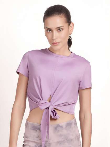 Shyle Pastel Lilac Round Neckline Front Tie Up Crop Top