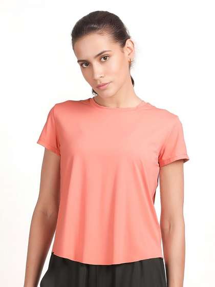 Shyle Pale Rosette Pink Mesh Back Keyhole Rounded Hem T-Shirt