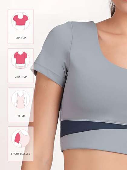 Shyle Greyish Blue and Navy Blue U Neckline Padded Bra Top