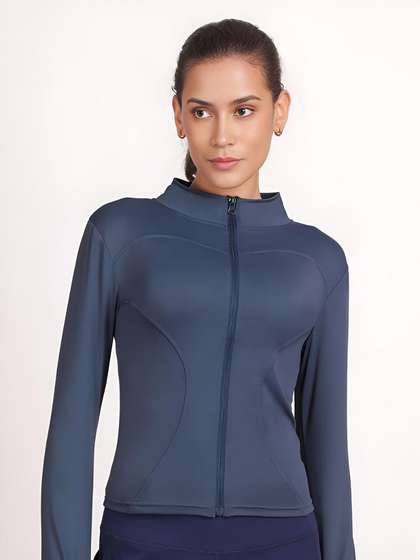 Shyle Azurine Blue Front Zipper Fitted High Neck Jacket