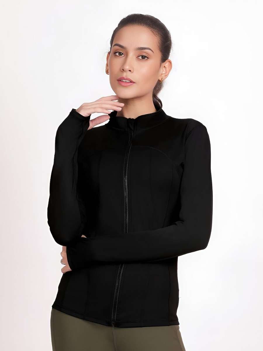 Shyle Black Full Sleeve Finger Keyhole High Neck Jacket