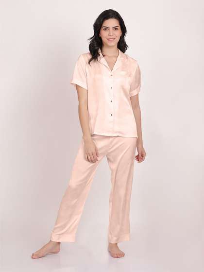 Shyle Powder Pink Lime Printed Satin Pyjama Set
