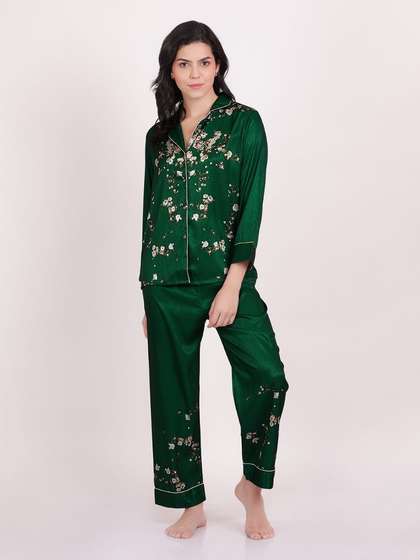 Shyaway Verdant Green Floral Printed Contrast Piping Satin Pyjama Set