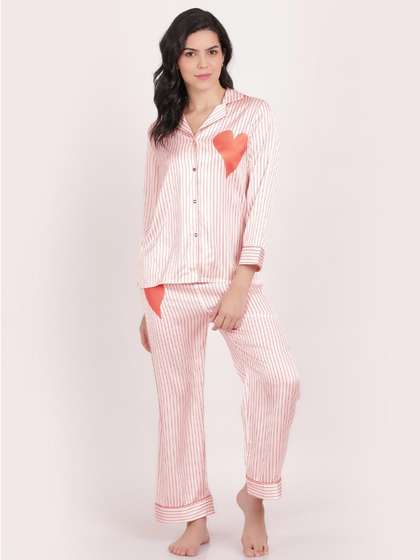Shyle Camellia Orange Stripe Printed Satin Pyjama Set