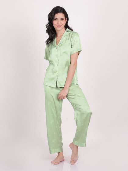 Shyle Jadesheen Green Flower Strawberry Printed Satin Pyjama Set