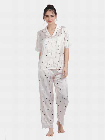 Shyaway Cream Peach Abstract Printed Satin Pyjama Set