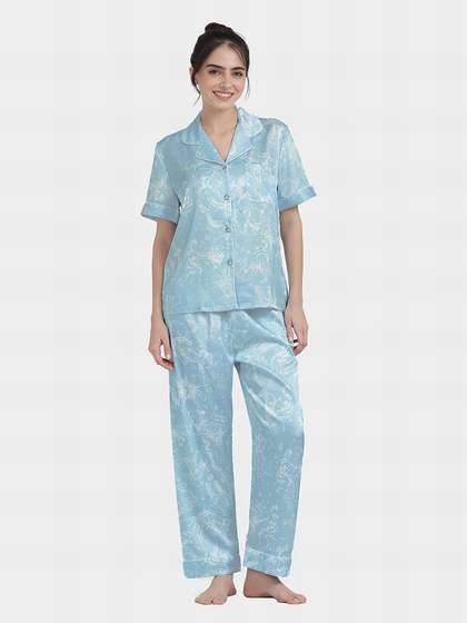 Shyaway Delicate Blue Abstract Printed Contrast Piping Satin Pyjama Set