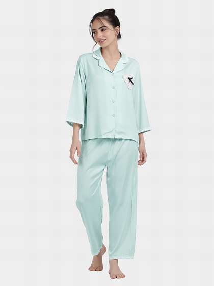 Shyaway Misty Jade Green Solid Lace Detailed Satin Pyjama Set