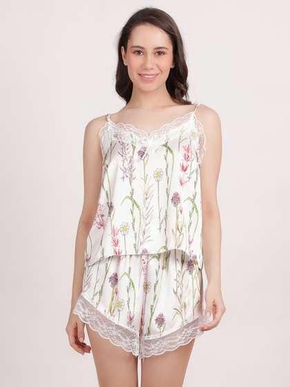 Shyle White Lace Neckline Orchid Flower Printed Satin Shorts Set