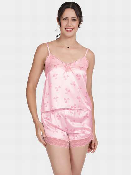 Shyle Baby Pink Lace Neckline Bow Printed Satin Shorts Set