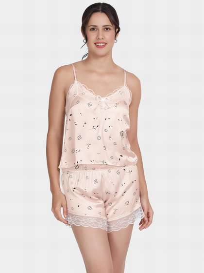 Shyle Light Pink Lace Neckline Floral Printed Satin Shorts Set