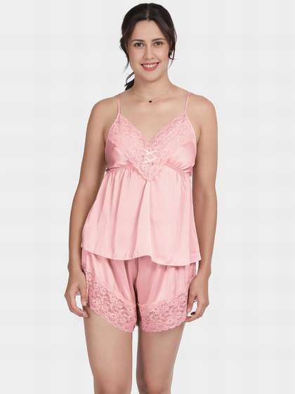 Shyle Baby Pink V Lace Neckline Solid Satin Shorts Set