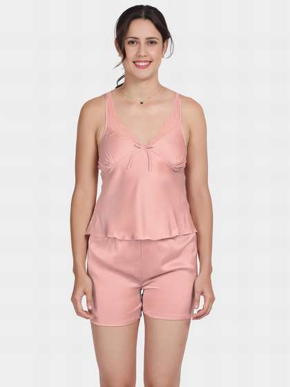 Shyle Mauve Glow Lace Neckline Solid Satin Shorts Set