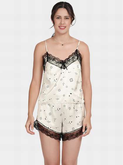 Shyle White Black Lace Neckline Floral Printed Satin Shorts Set