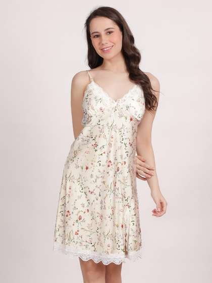 Shyle White Ditsy Floral Triangular Cup Front Slit Satin Chemise