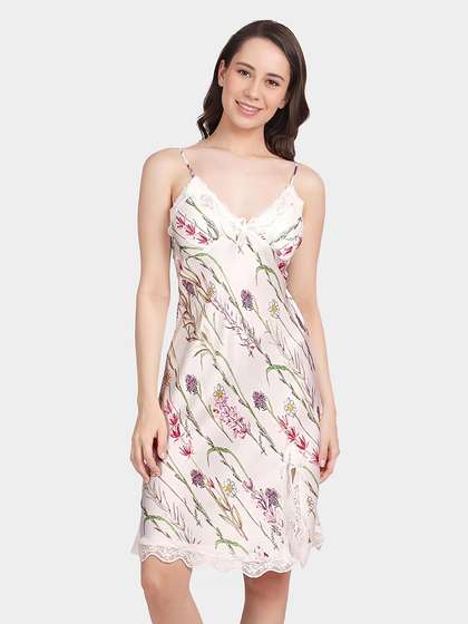 Shyle White Purple Triangular Cup Front Slit Satin Chemise