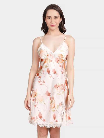 Shyle White Orange Triangular Cup Front Slit Satin Chemise