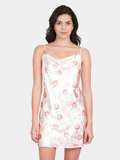Shyle Peony Pink Cowl Neckline Floral Printed Satin Chemise